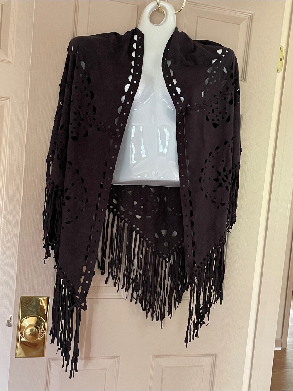 Fringed Cutout Women's Shawl - Black Faux Suede